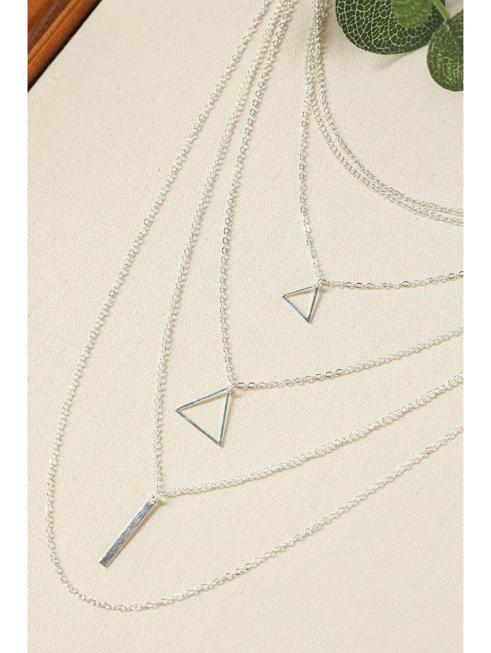 Boho Triangle Bar Pendant Multilayer Silvertone Necklace